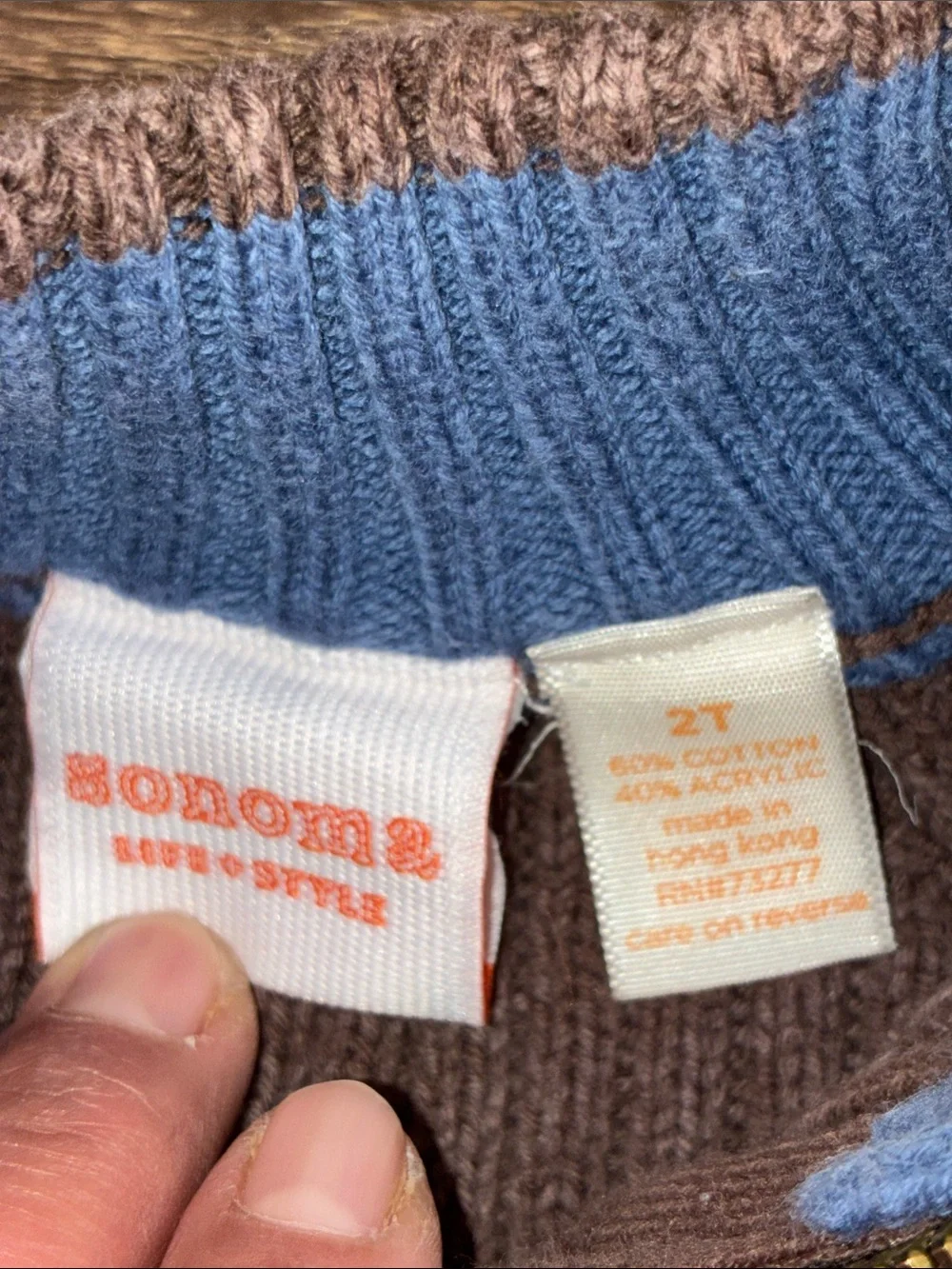Pre Owned Sonoma Brown Ribbed Half-Zip Sweater with Blue Stripe Cuffs 2T
